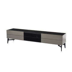 The Sylvie TV Unit featuring a baked silver grey finish and a durable Salolan sintered stone surface, perfect for luxury modern interiors.