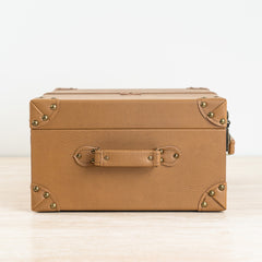 Multi-purpose tan storage box with refined and sophisticated design.
