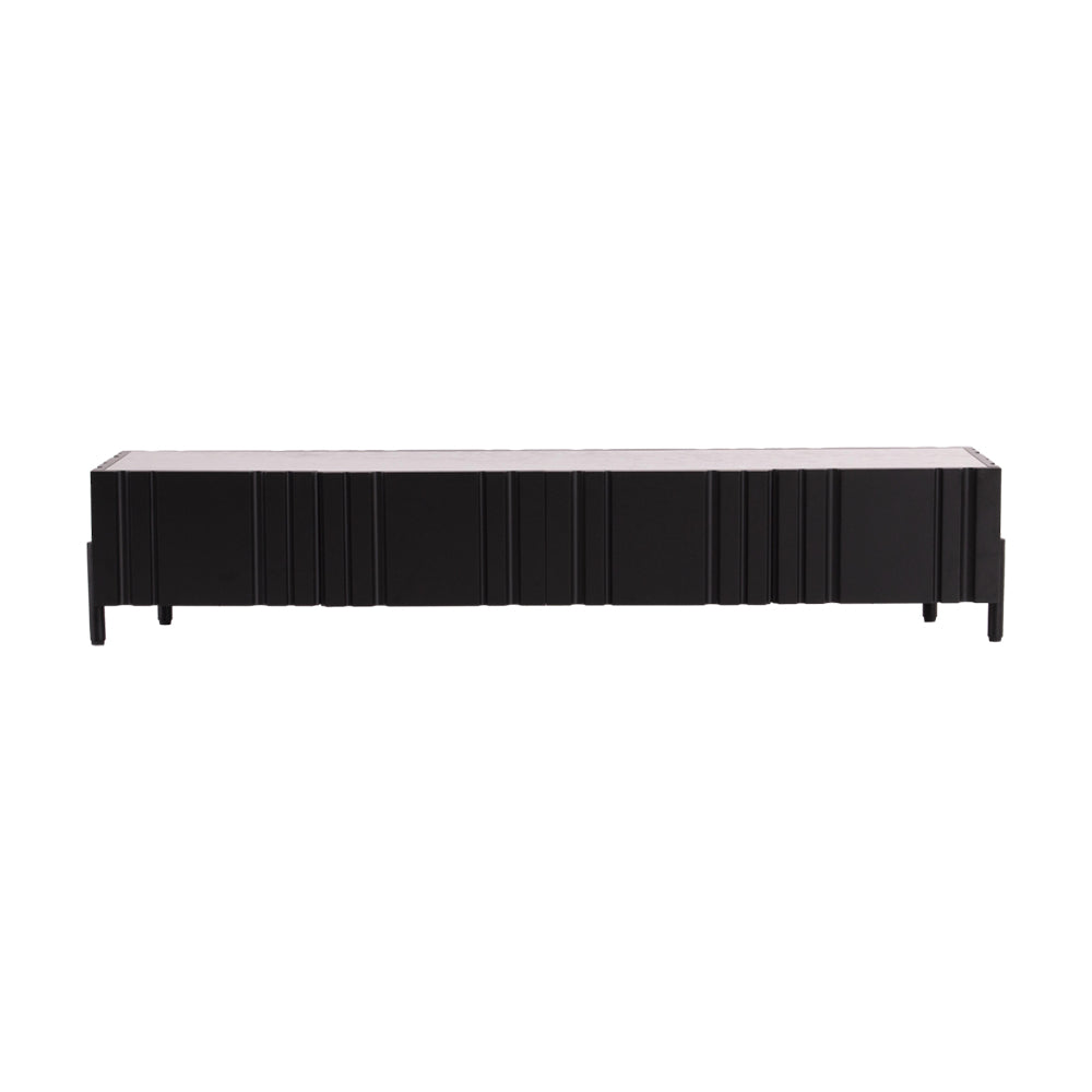 Front view of the Taza TV Unit showcasing its sleek Brazilian crystal grey slate top and clean, minimalist design.