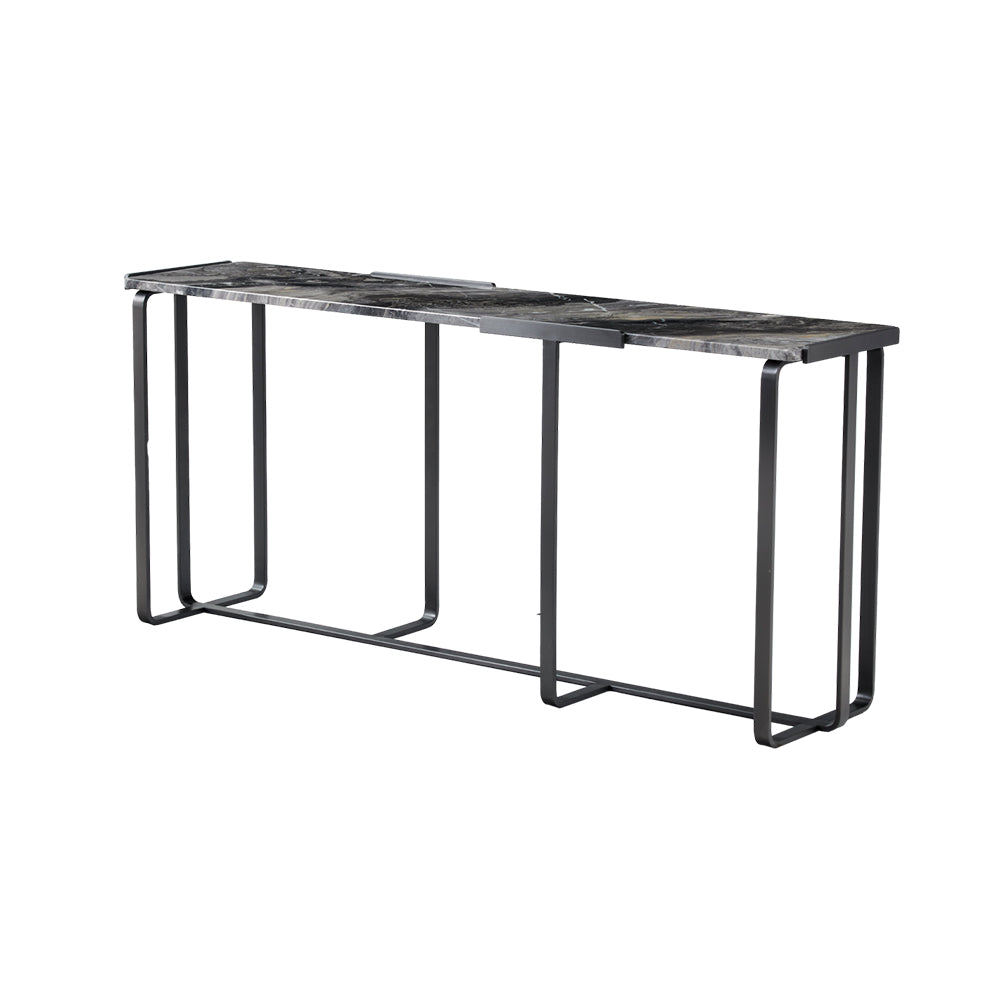 Front view of the Toron Console Table showcasing unique Italian Welch brown natural marble patterns and sleek grey titanium stainless steel legs.