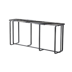 Front view of the Toron Console Table showcasing unique Italian Welch brown natural marble patterns and sleek grey titanium stainless steel legs.