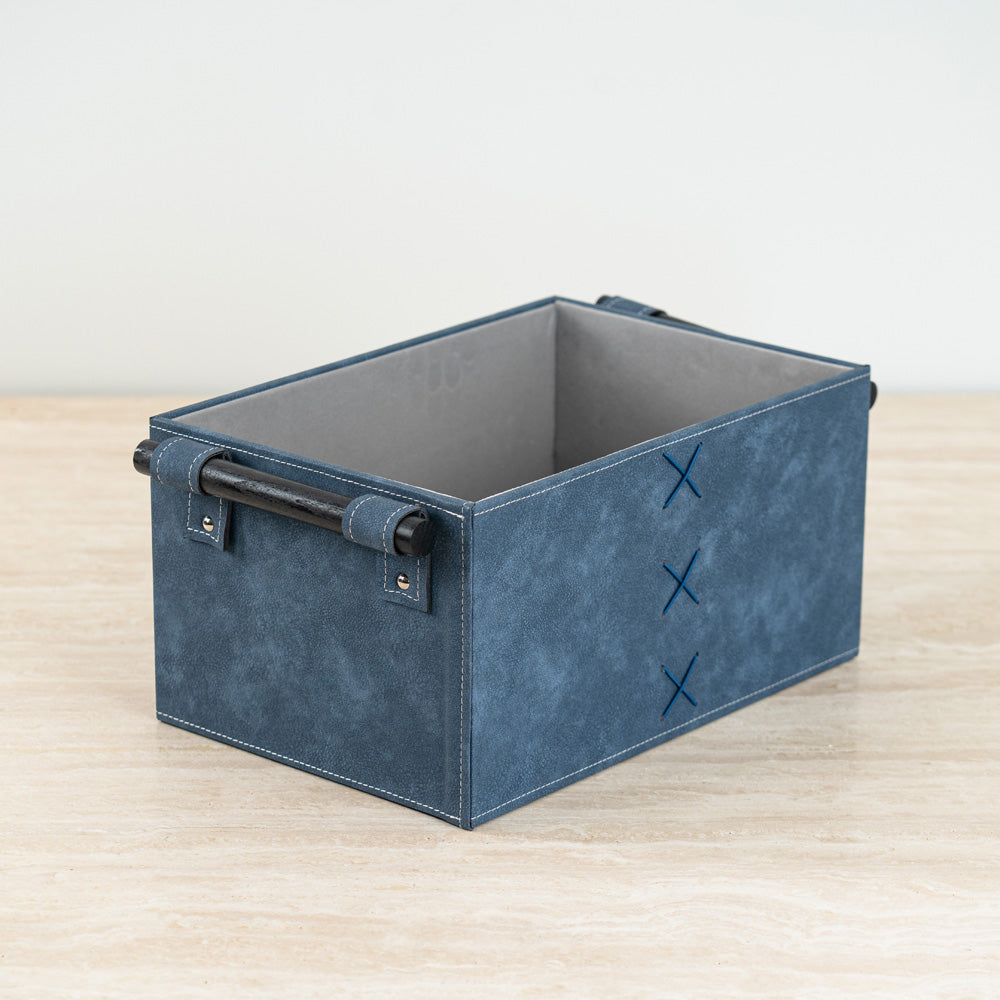 Navy and cream home organizer box combining style and durability.