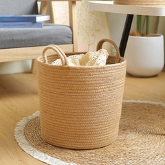 Multipurpose jute storage basket for home organization, combining style, functionality, and luxury décor.