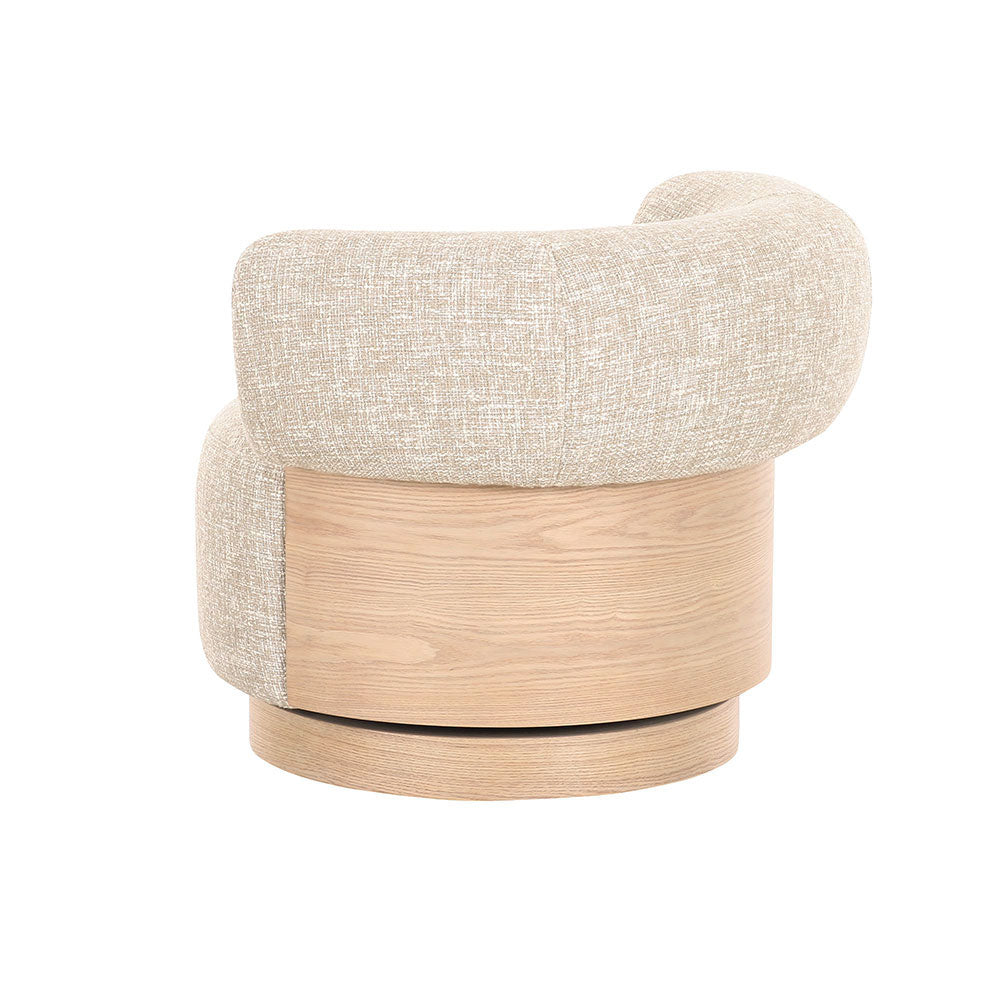 Modern lounge chair with curved tub-style design, soft cushioning, and light timber trim for refined, comfortable seating.