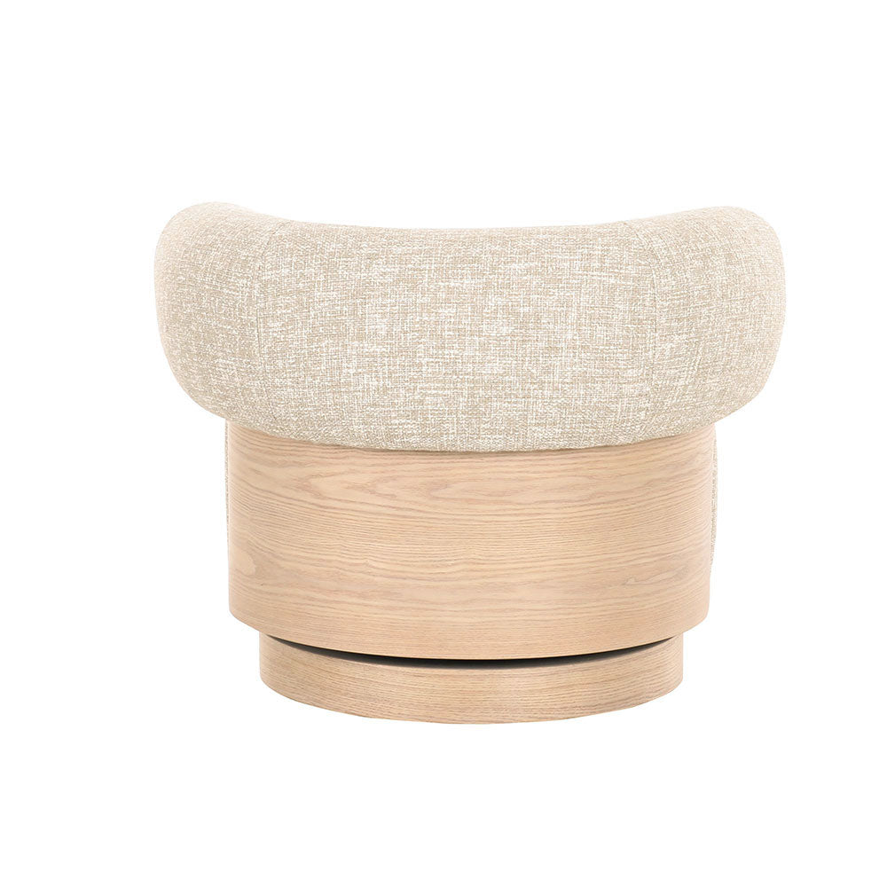 Stylish fabric armchair with rounded back and swivel base, accented with light timber legs for contemporary living spaces.