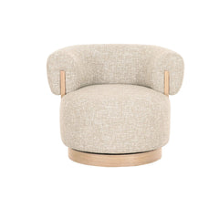 Contemporary tub-style swivel armchair with soft upholstery and light timber accents, perfect for stylish living rooms and lounges.