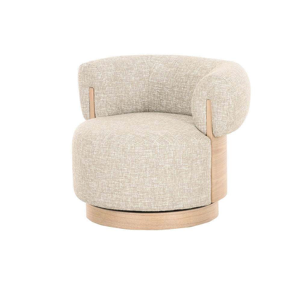 Comfortable modern armchair featuring a rounded tub-style back and subtle light timber details for a designer look.