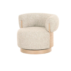 Comfortable modern armchair featuring a rounded tub-style back and subtle light timber details for a designer look.
