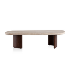 Contemporary coffee table with an organic stone top and minimalist timber supports.