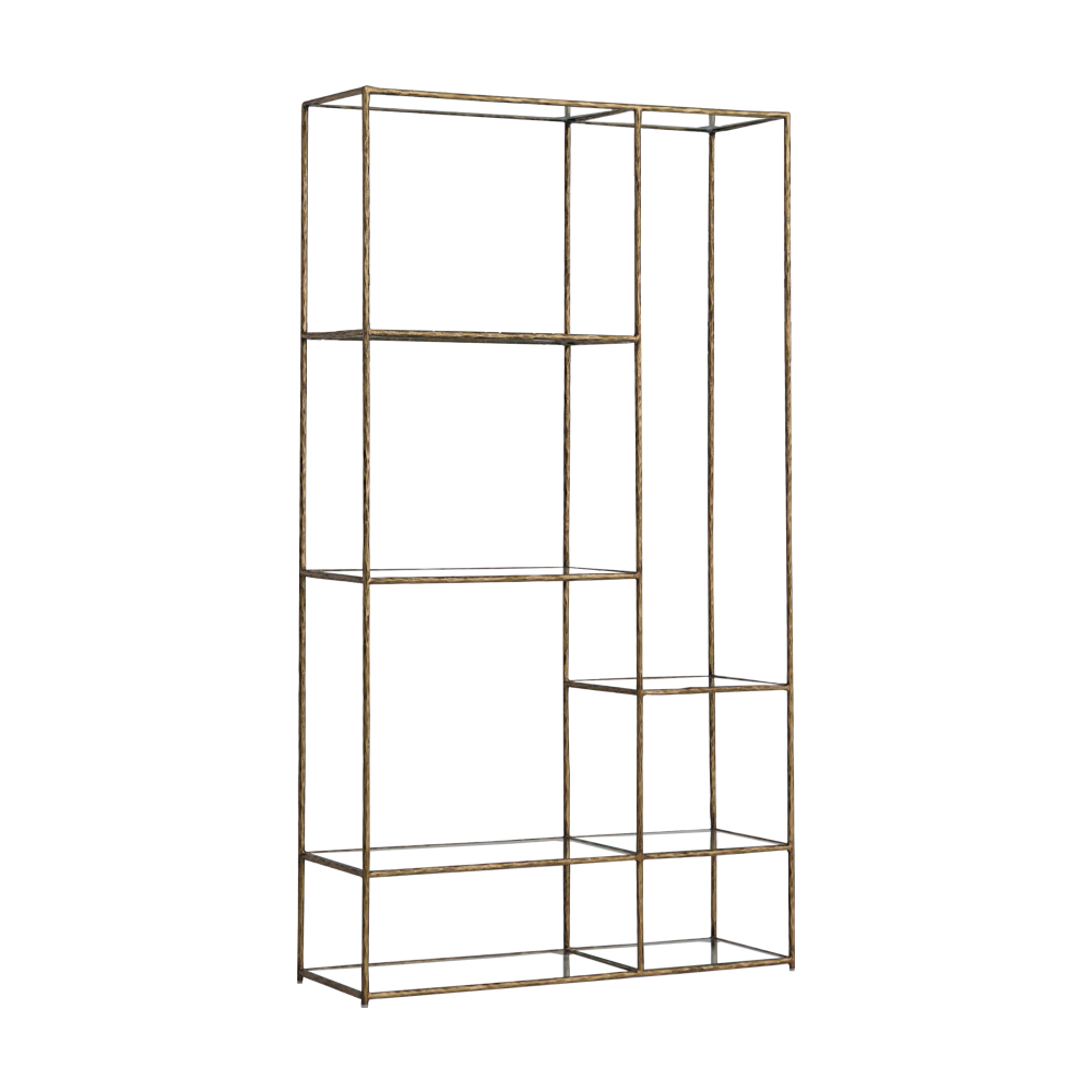 Nimes Shelf featuring floating glass shelves supported by a forged iron frame, combining minimalist design and industrial craftsmanship for a modern luxury display in living rooms, bedrooms, or home offices.