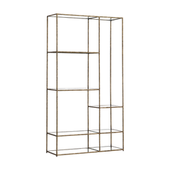 Nimes Shelf featuring floating glass shelves supported by a forged iron frame, combining minimalist design and industrial craftsmanship for a modern luxury display in living rooms, bedrooms, or home offices.