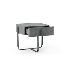 Compact bedside side table with geometric metal legs and wood veneer finish
