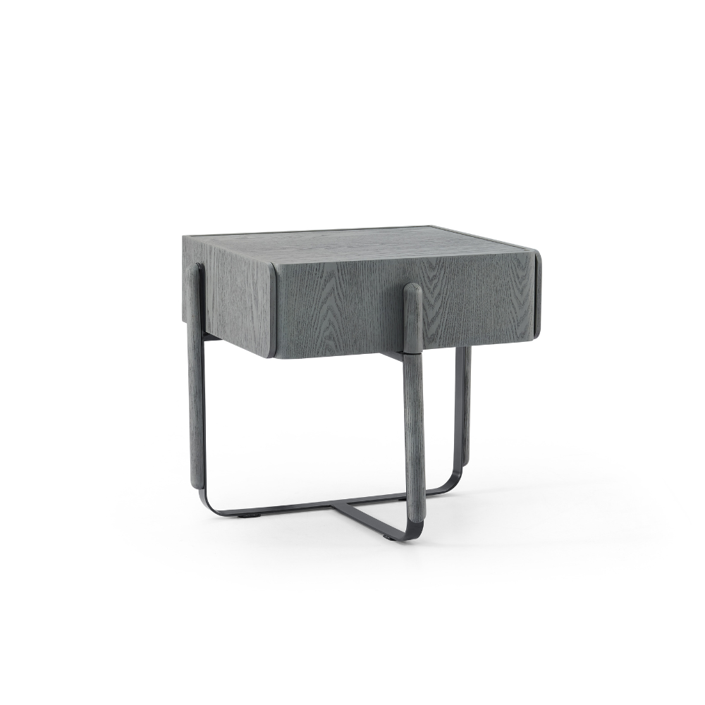 Noto bedside table with wood veneer finish and sleek geometric metal frame