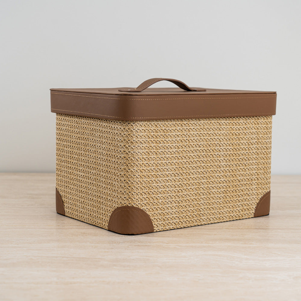 Stylish storage chest perfect for office or home décor with a warm refined touch.