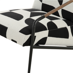 Black and white patterned fabric armchair, Oia lounge chair with wood accents