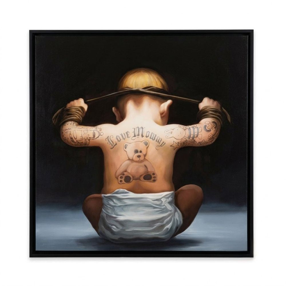 Funny oil painting power baby  has back tatoo love mommy 