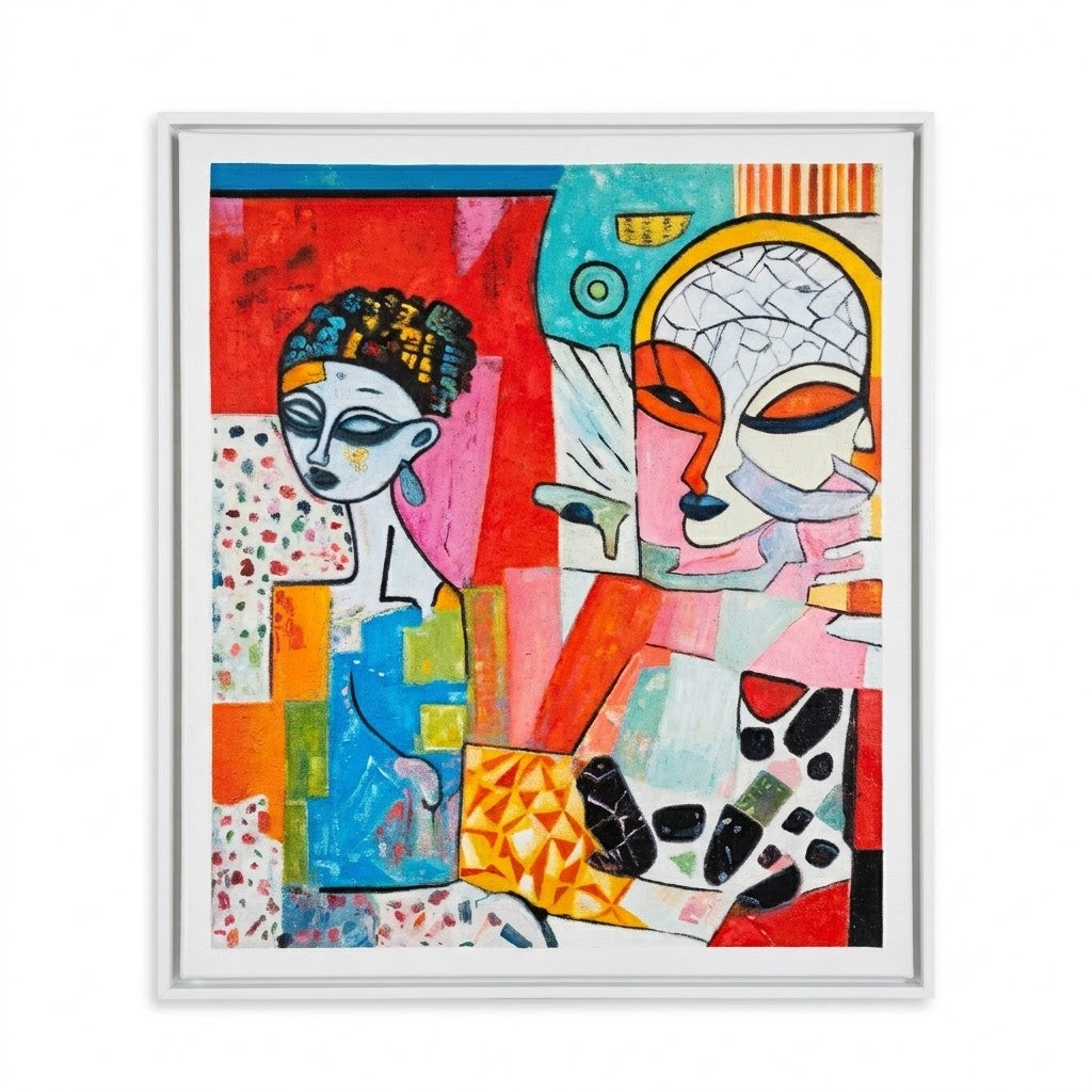 A framed abstract art print featuring two stylized faces in a colorful cubist composition, enclosed in a white frame against a light gray background.