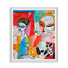 A framed abstract art print featuring two stylized faces in a colorful cubist composition, enclosed in a white frame against a light gray background.