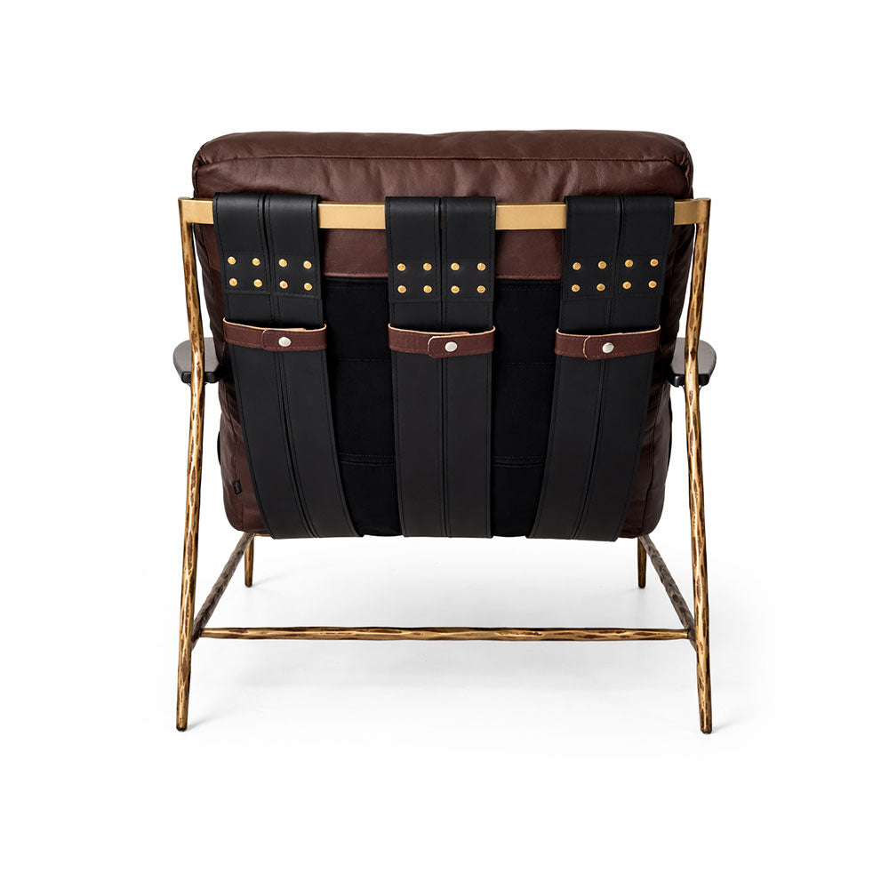 Statement lounge chair with solid iron frame, saddle leather belt support and rich brown leather upholstery.