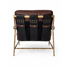 Statement lounge chair with solid iron frame, saddle leather belt support and rich brown leather upholstery.
