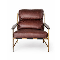 Brown top-grain leather armchair with forged iron frame and ash wood armrests.