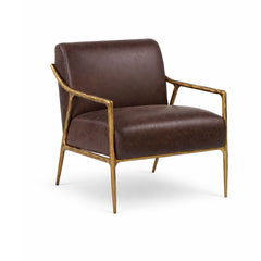 Contemporary leather lounge chair with rich brown upholstery and artisan-forged iron structure.