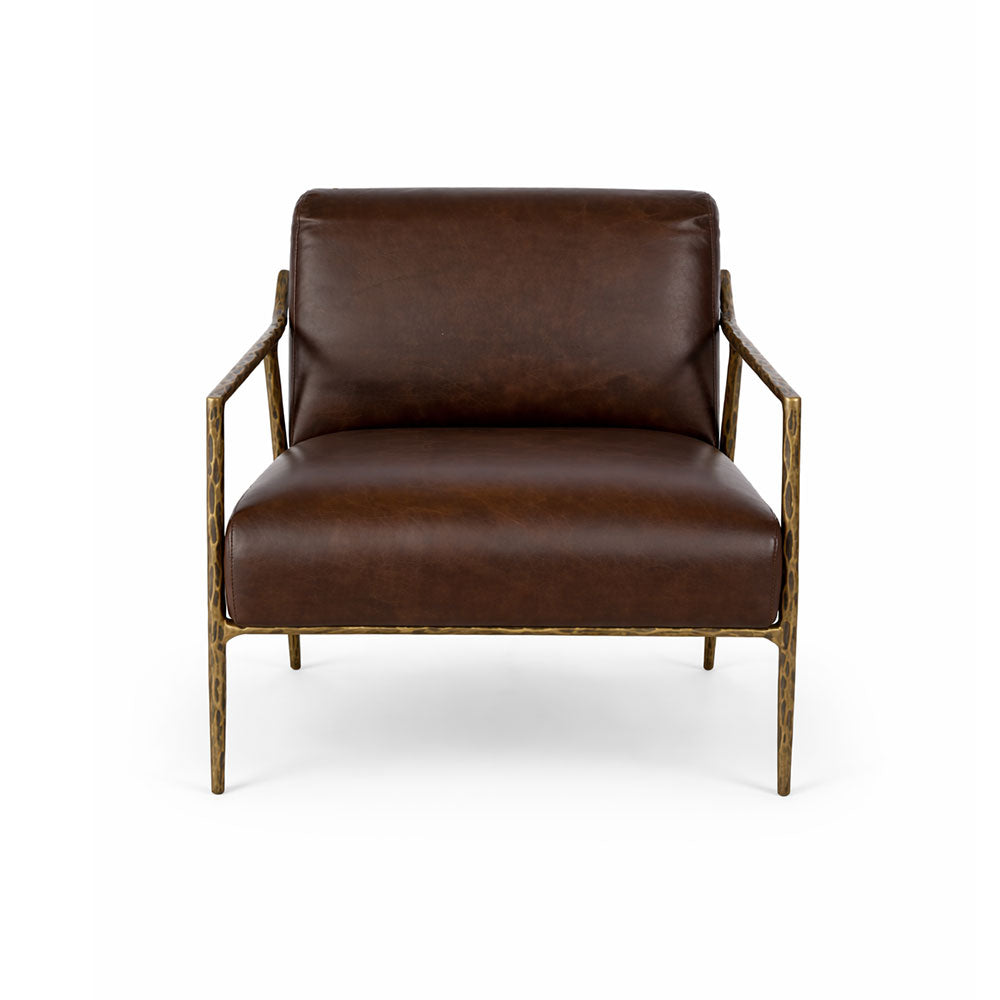 Modern leather armchair with solid forged iron frame and sculptural metal armrests.