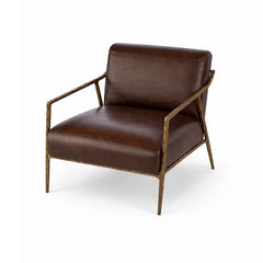 Genuine leather chair supported by solid hand-forged iron frame.