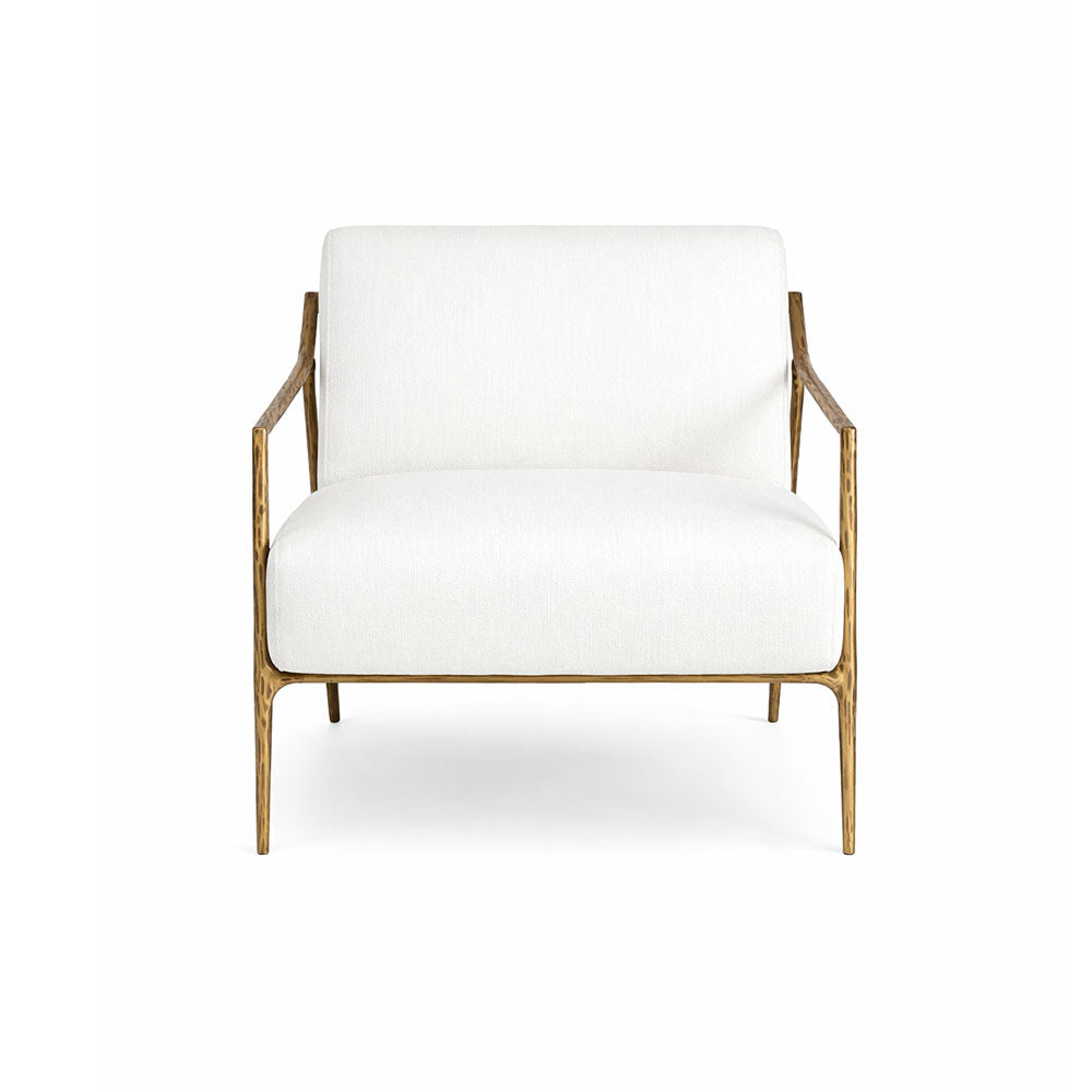 Modern fabric armchair upholstered in white cotton with solid forged iron frame.
