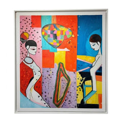 A framed abstract painting featuring two stylized female figures, a colorful geometric motif, and bold blocks of red, blue, pink, yellow, purple, black, and white, set against a plain white background.