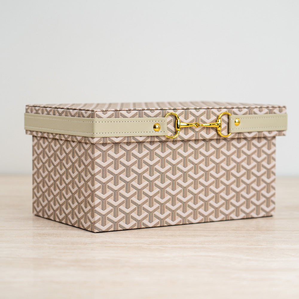 Durable decorative storage box ideal for dresser, desk, or shelf use.
