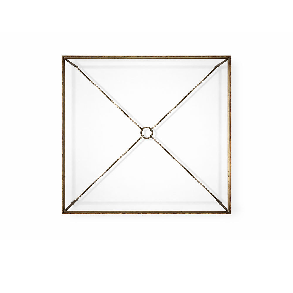 Modern coffee table featuring artisan-forged metal frame and clear glass surface.