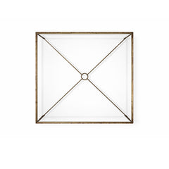 Modern coffee table featuring artisan-forged metal frame and clear glass surface.