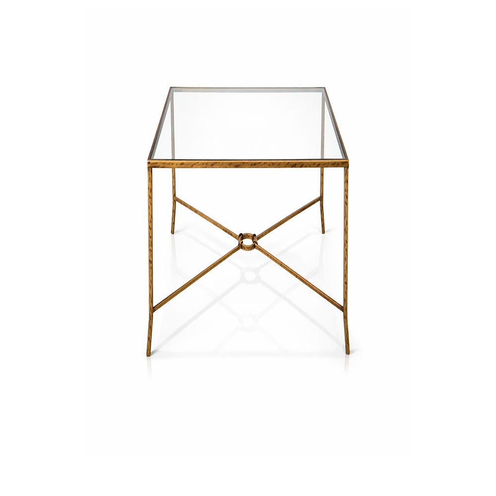 Square side table with tempered glass top and hand-forged metal frame with cross-braced base.