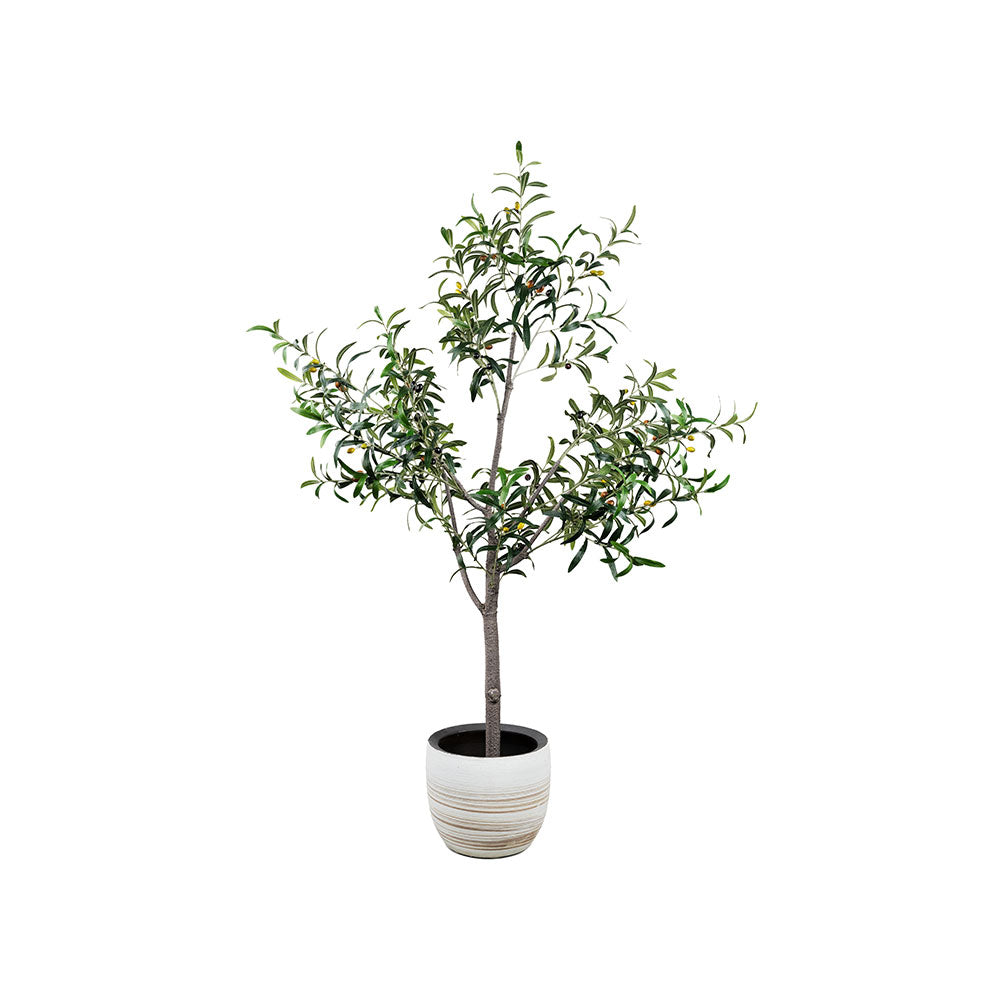 Realistic artificial olive tree with lifelike green leaves and olives in indoor pot