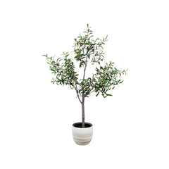 Realistic artificial olive tree with lifelike green leaves and olives in indoor pot
