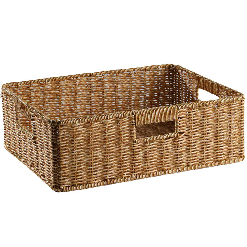 Rectangular plastic rattan storage box with sturdy handle, perfect for organizing household essentials with style.