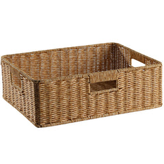 Rectangular plastic rattan storage box with sturdy handle, perfect for organizing household essentials with style.