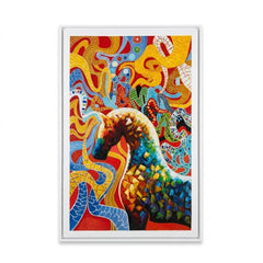 A framed abstract art print featuring a colorful mosaic horse surrounded by swirling, organic patterns in red, yellow, blue, green, and orange, shown against a plain white background.