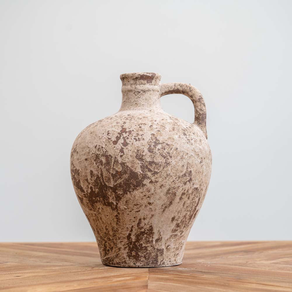 Handmade Grecian-style ceramic jug with metallic glaze and aged finish, perfect for rustic, Mediterranean, or boho home décor.