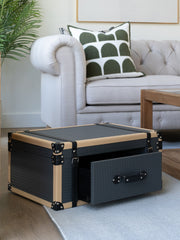 Elegant PU leather storage box with a suitcase-style lid and velvet-lined interior, ideal for stylishly storing accessories on a vanity, dresser, or shelf in luxury or contemporary homes.