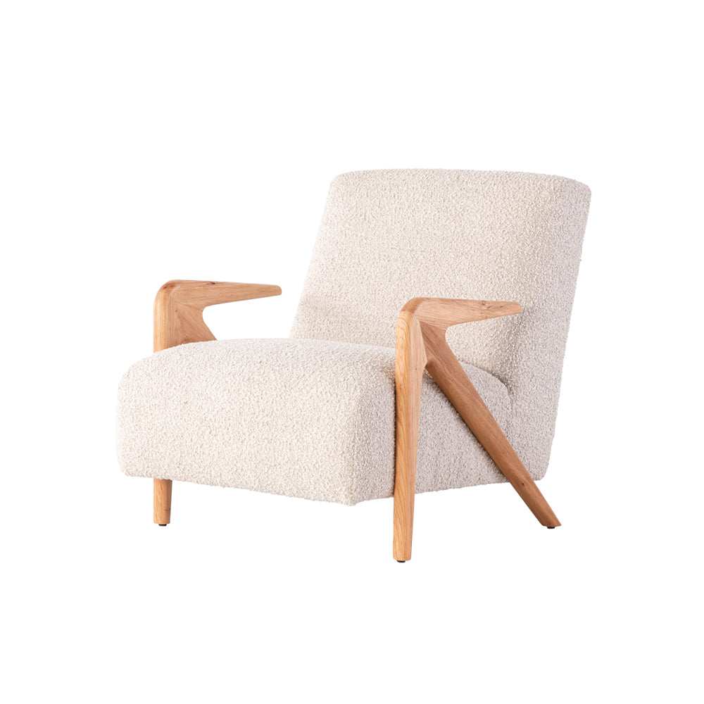 Modern grey armchair with soft chenille fabric and solid Elm wood frame, perfect for living rooms, bedrooms, or lounges.