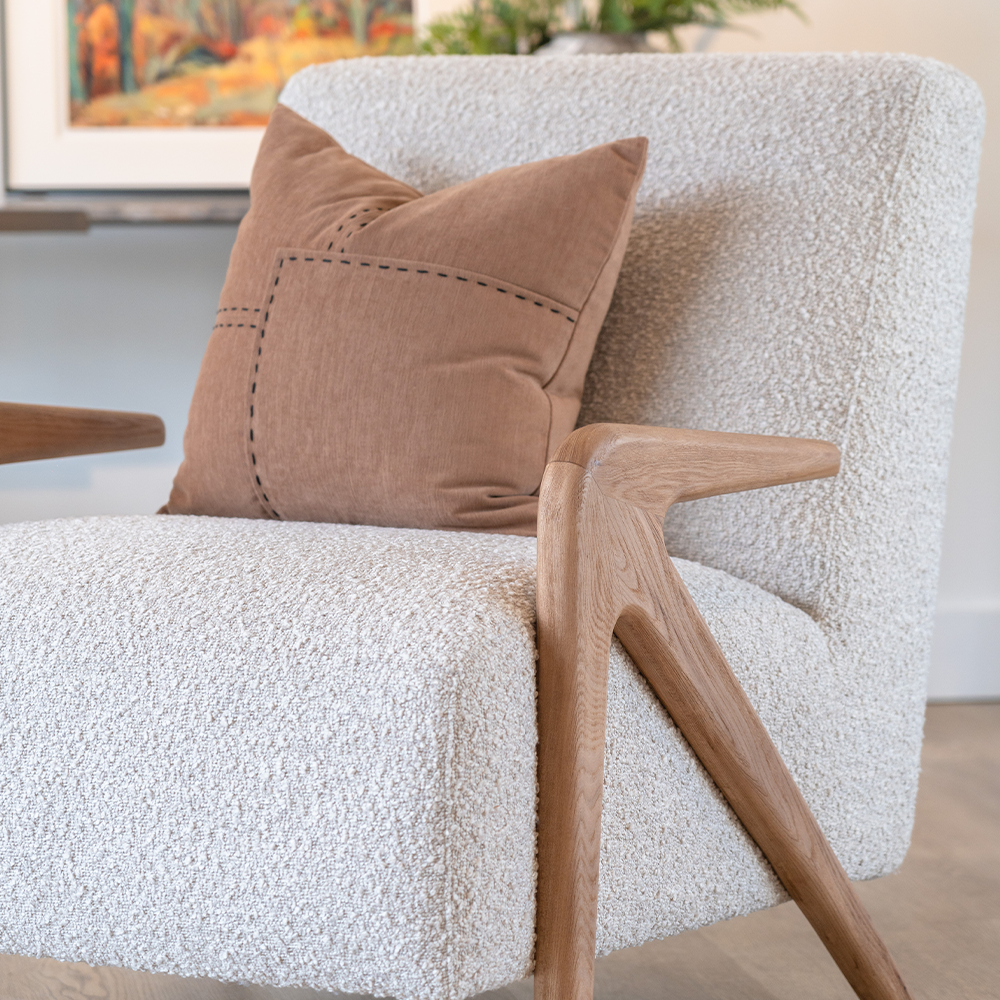 Modern Japanese-style grey accent chair with soft chenille fabric and solid Elm wood legs, ideal for living rooms and bedrooms.