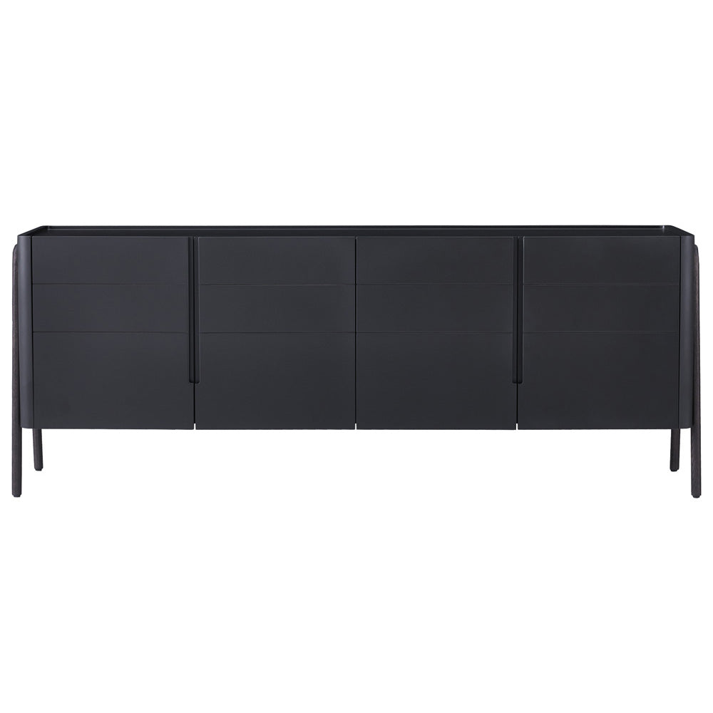 Modern Rovigo Sideboard in carbon black elm wood, featuring multiple shelves and compartments for elegant and versatile home storage in the dining or living room.