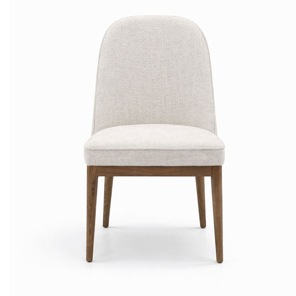 Classic dining chair upholstered in beige woven fabric with light ash wood legs, offering a warm and timeless look for modern dining spaces.