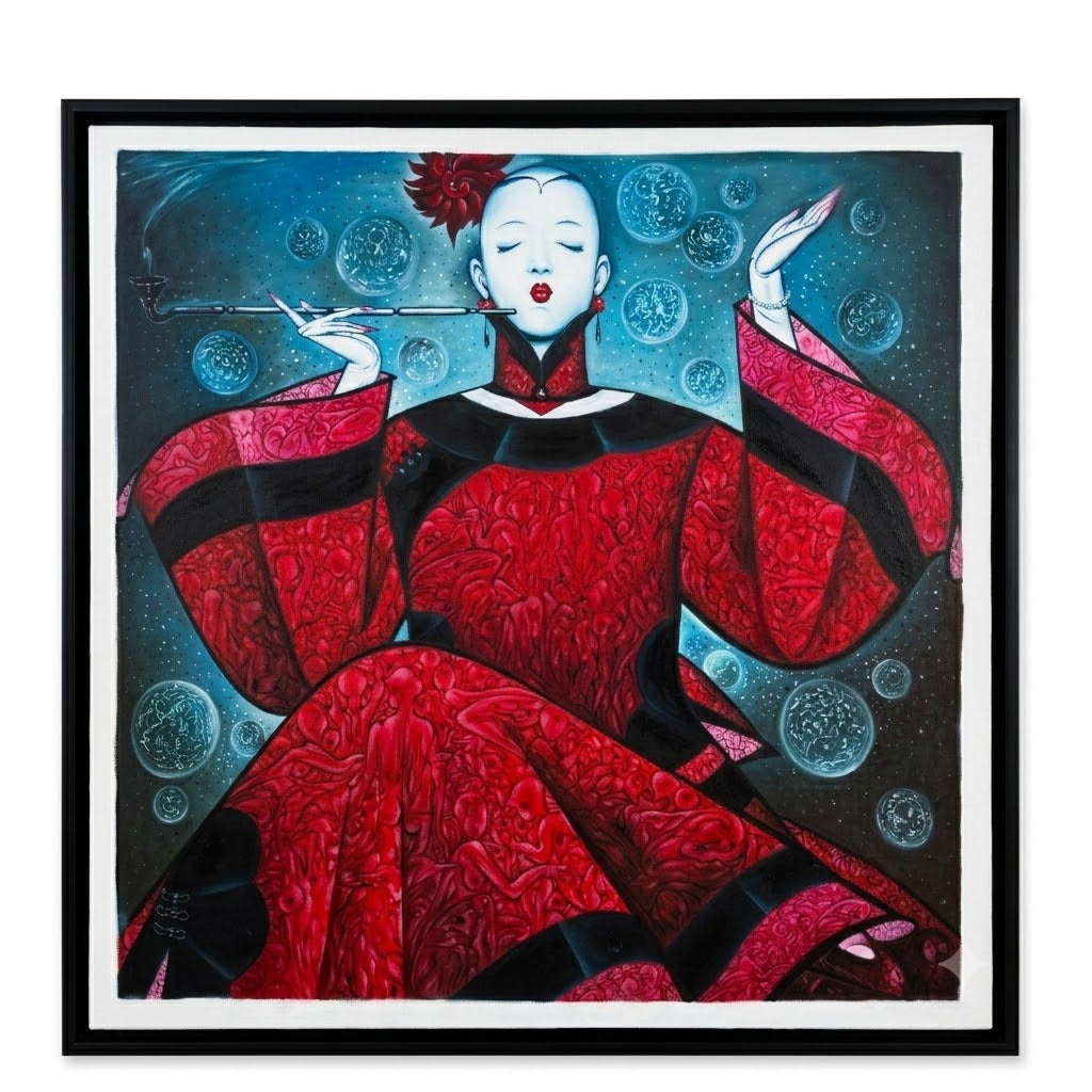 A framed square art print featuring a stylized seated woman in a flowing red robe against a dark blue background with bubble-like circular forms. The artwork is presented with a white mat and a black frame.