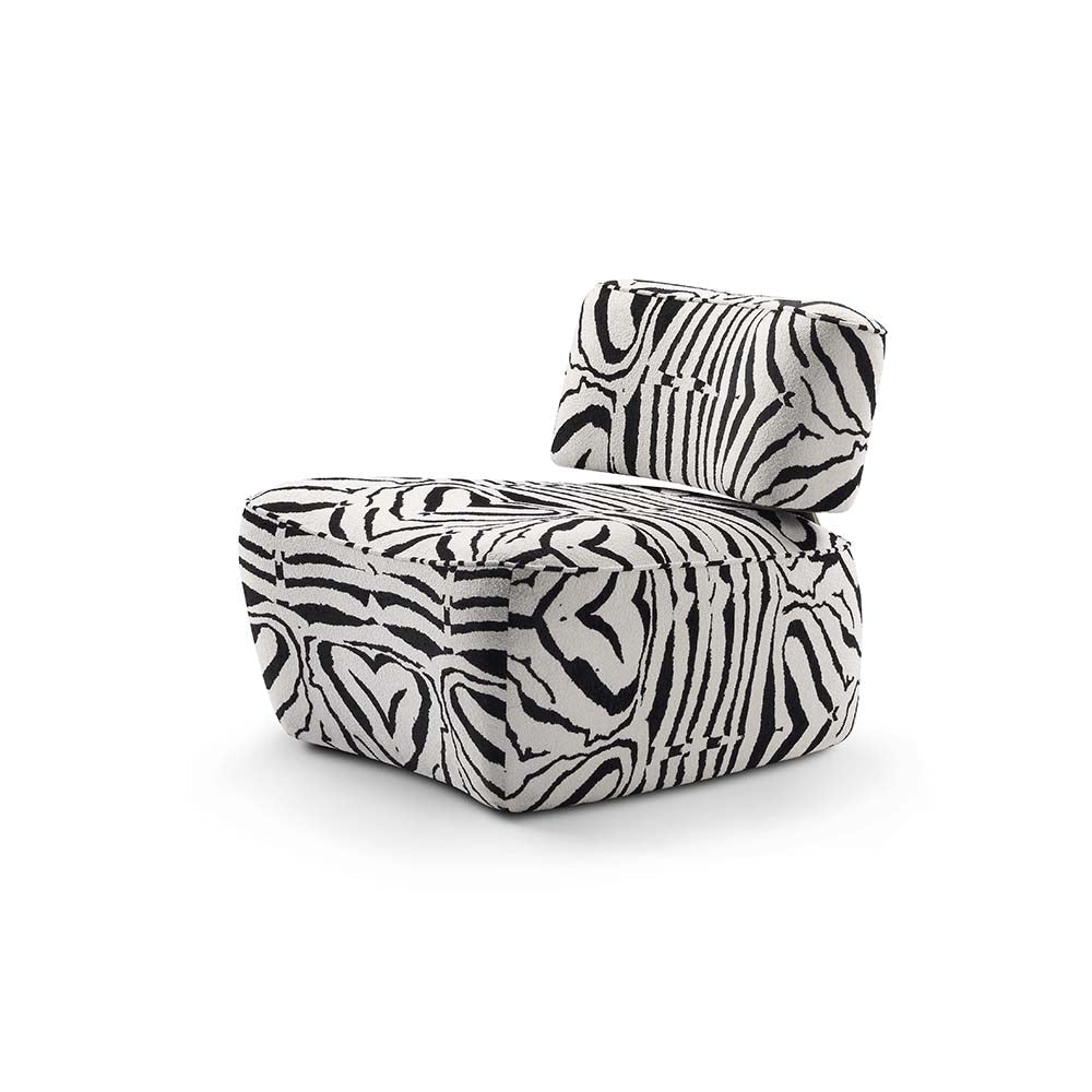 Side angle of zebra pattern fabric on Ryeland Accent Chair
