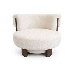 Modern boucle swivel chair with curved backrest and walnut-tone base