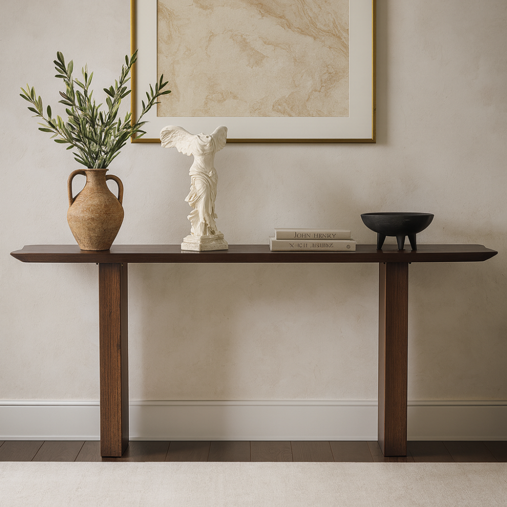 Santoro Ash Veneer Console Table against light wall, styled with decorative vases and books