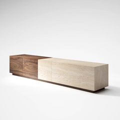Designer TV unit with half travertine stone and half walnut veneer finish